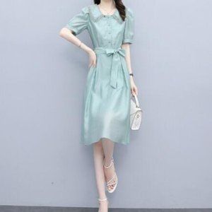 Thin doll collar short-sleeved temperament chiffon medium-length skirt